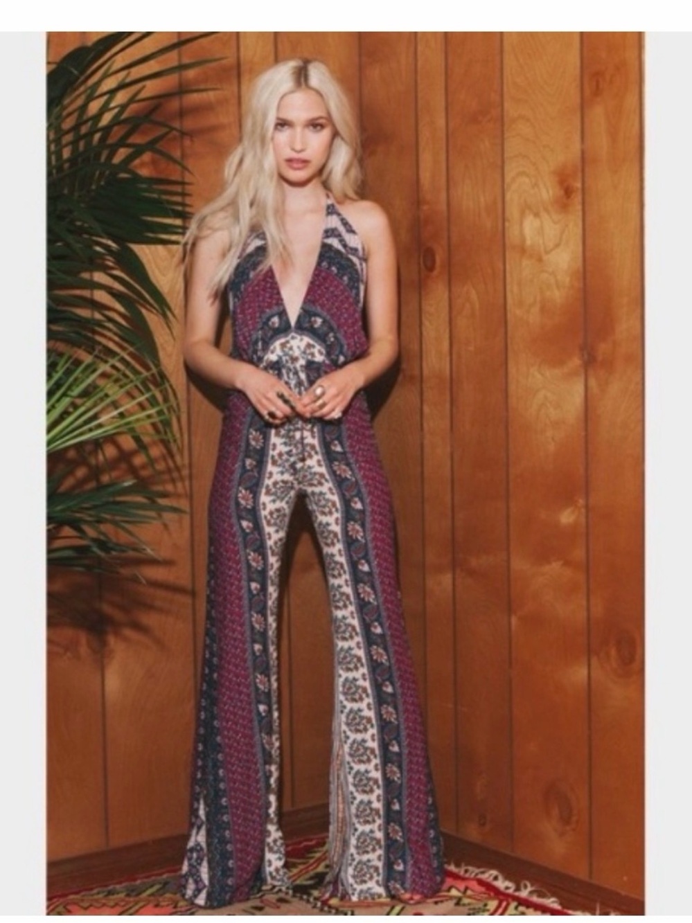 Novella Royale The Lady Plum Tangier Flare Jumpsuit Halter Neck Medium Boho